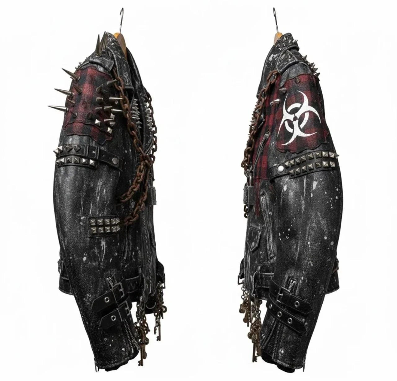 Best Punk Gothic Spiked Leather Biker Jacket Chains Biohazard Rock Fashion Coat image 3