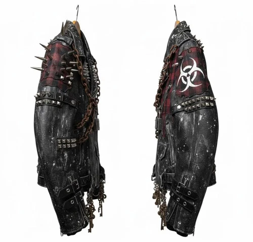 Best Punk Gothic Spiked Leather Biker Jacket Chains Biohazard Rock Fashion Coat image 3