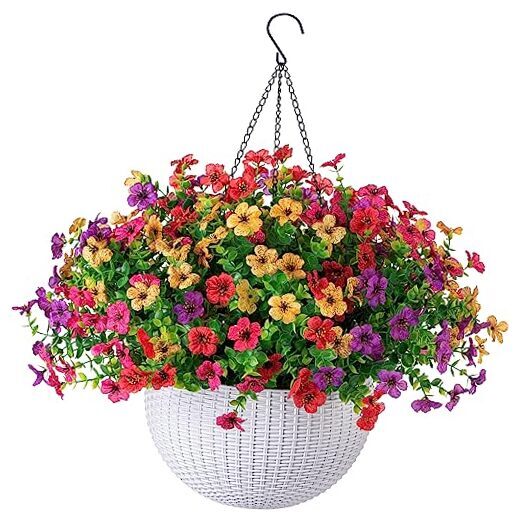Artificial Faux Hanging Plants Flowers Basket for Outdoor Outside Mixed Color