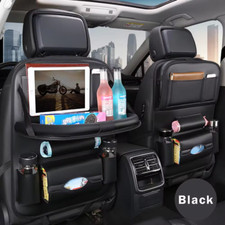 Car Seat Back Organizer PU Leather Auto Storage Bag with Foldable Table Tray