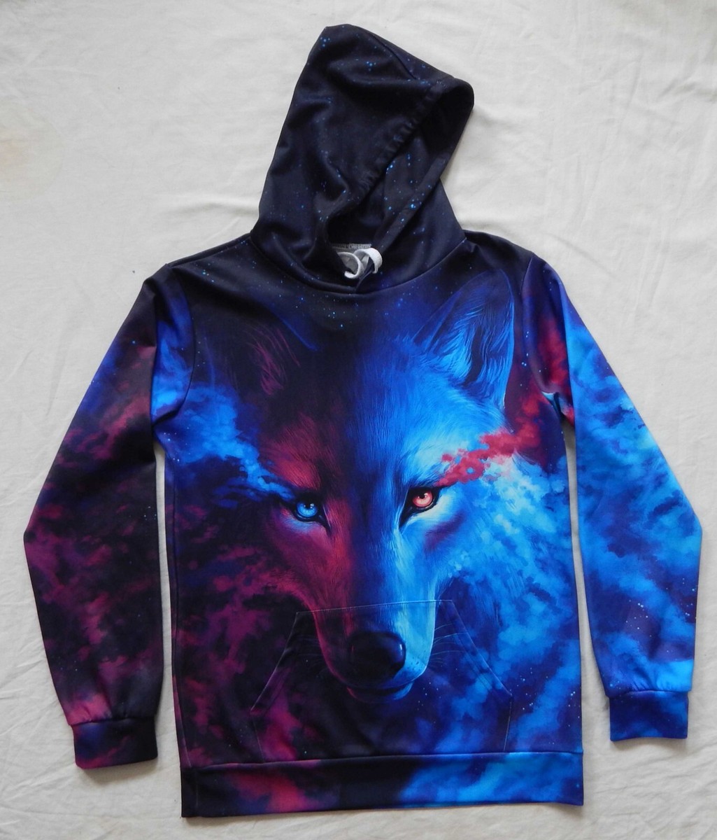 Cosmic Wolf Blue Pink Purple Space Blue Hoodie Sweatshirt Small