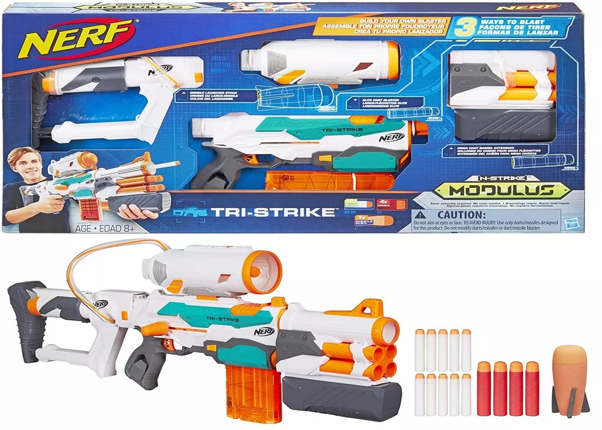 Nerf Modulus Tri-Strike 3 Ways Blaster Age 8+ Toy Gun Fire Play Missile  Launcher