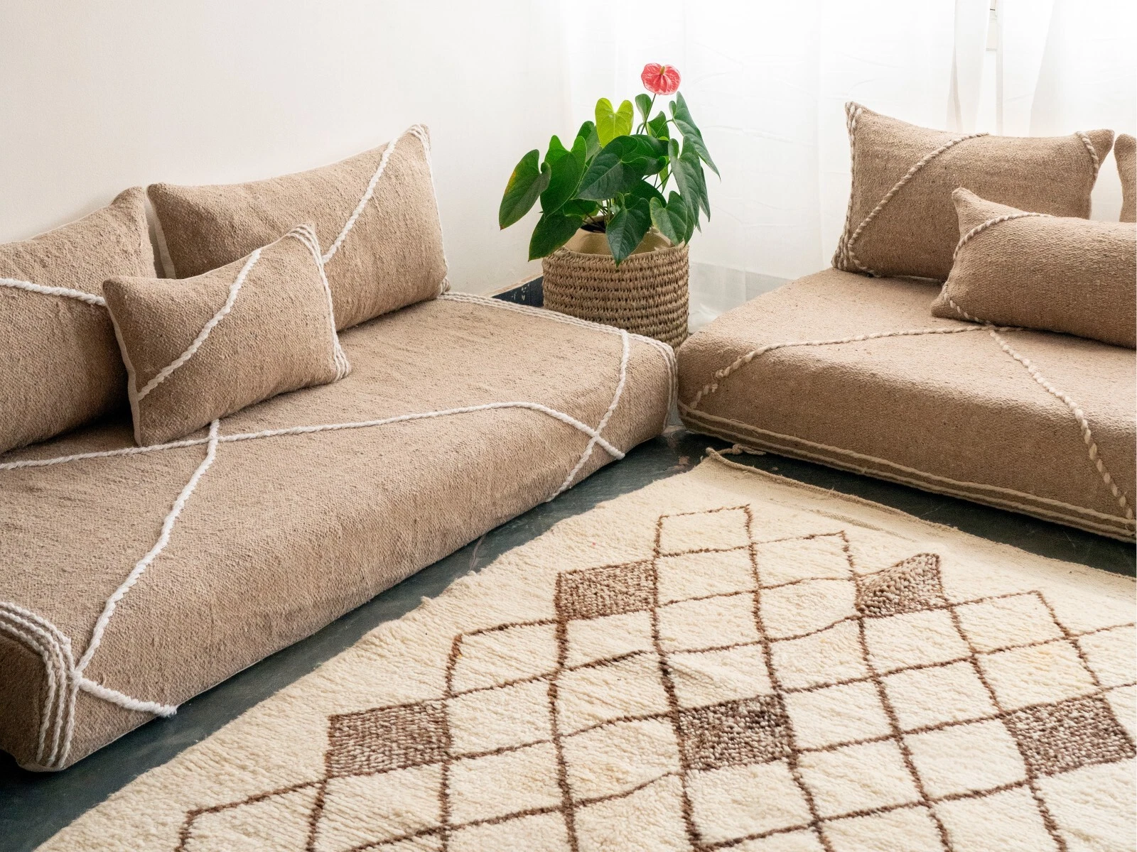 Moroccan Handmade Floor Couch - Unstuffed Cotton Beige Sofa covers + Pillow case