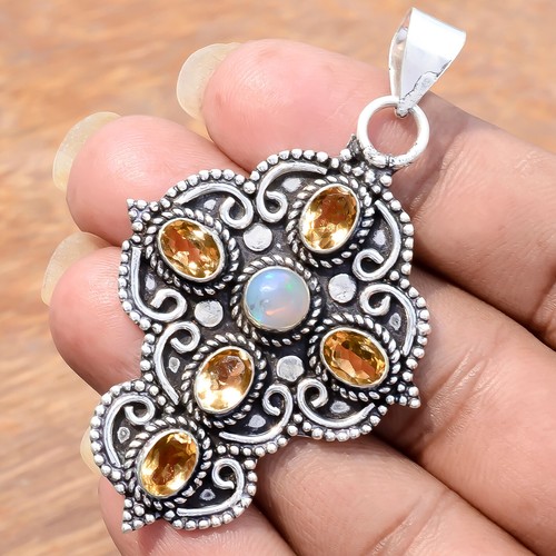 Citrine Topaz & Fire Opal Gemstone 925 Sterling Silver Cross Designer Pendant - Picture 5 of 9