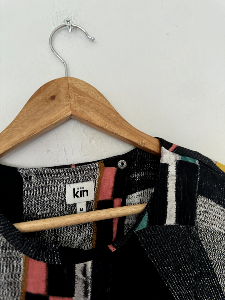 Kin John Lewis Dress Medium Black Abstract Geometric Smock Tunic Arty