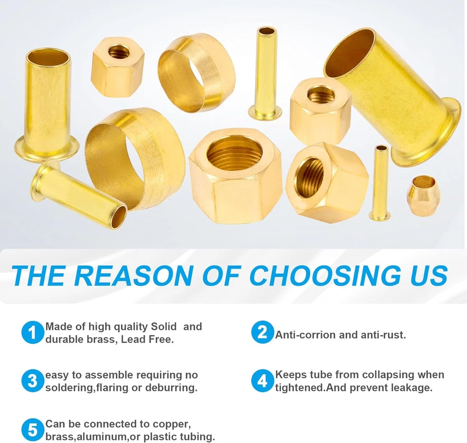 150PCS Tube OD（1/4" 5/16" 3/8" 1/2") Brass Compression Sleeves Ferrules & Insert - Image 4 of 4