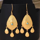 Handmade Traditional Gemstone 18k Yellow Gold Texture Dangle Turquoise Earring