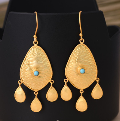 Handmade Traditional Gemstone 18k Yellow Gold Texture Dangle Turquoise Earring
