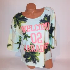 Bongo Blouse Top Large Shirt Womens Blue Green Tropical Palm Leaves