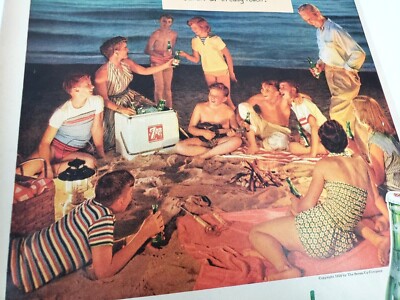 Family Beach Picnic 7 Up Soda Pop Vintage 1954 Ad Seven Glass Bottles Cooler