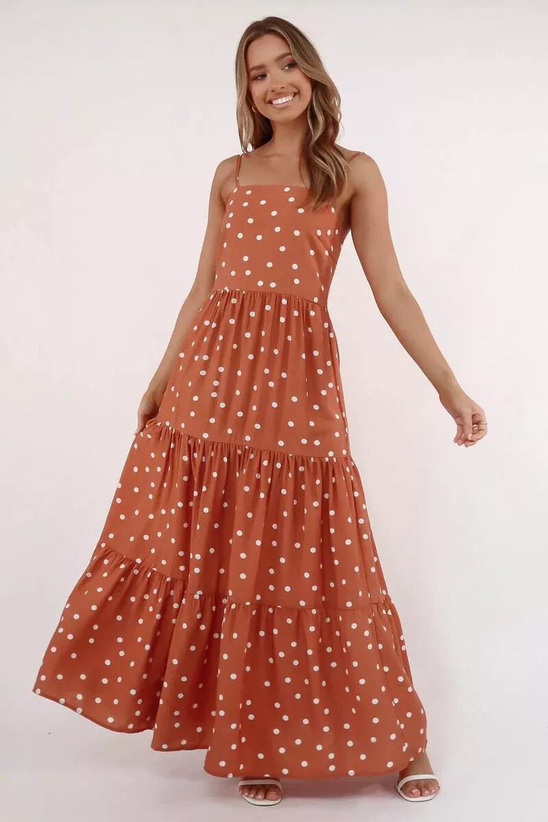 Vestido Mujer Elegante Largo Marrón Lunares Blanco Bohemio Slim Satén 25852