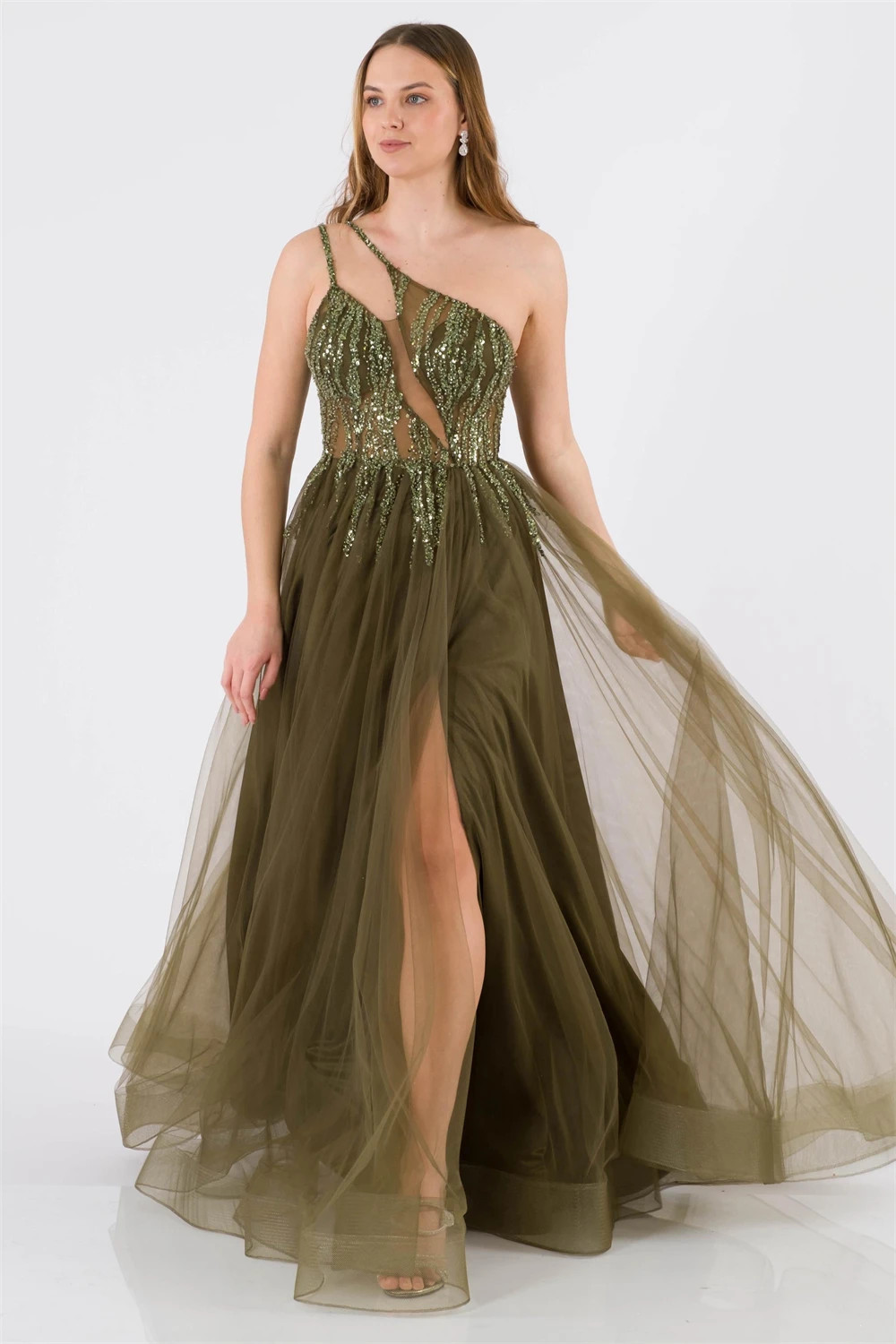Customized Green Side Split A-Line One Shoulder Illusion Prom Dress Sleeveless