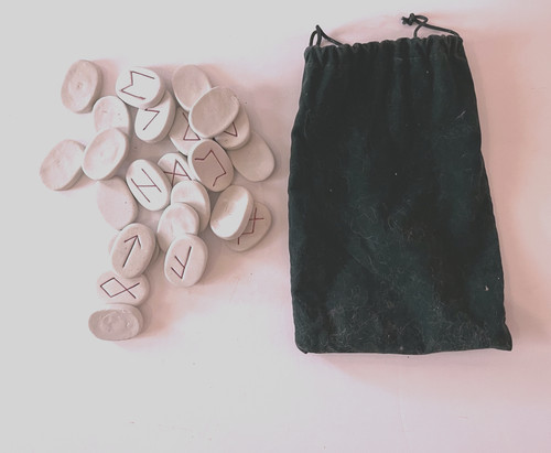 Vintage Set of 25 Pieces Rune Stones for Divination in a Velvet Drawstring Bag