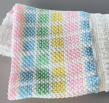 VTG Baby Blanket Delicate Dainty Woven White Pastels Squares Pink Blue 21  x27  