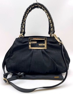 Auth Fendi Mia Zucca Canvas Leather Black Chain 2way Tote Bag W/Dbag NS091764
