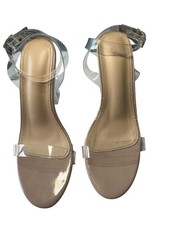 Women s Clear Strap Block Heel Sandals Nude Beige Size 7 Transparent Heels