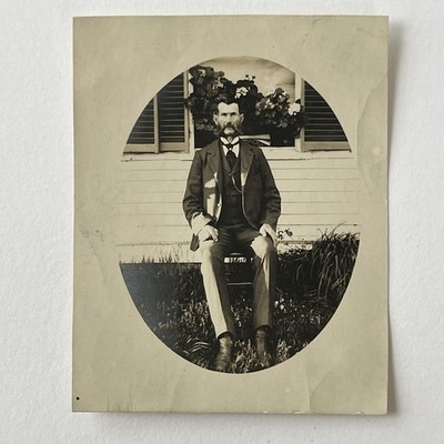 Antique B&W Snapshot Photograph Dapper Man Sitting Outside ID Edwin Howard