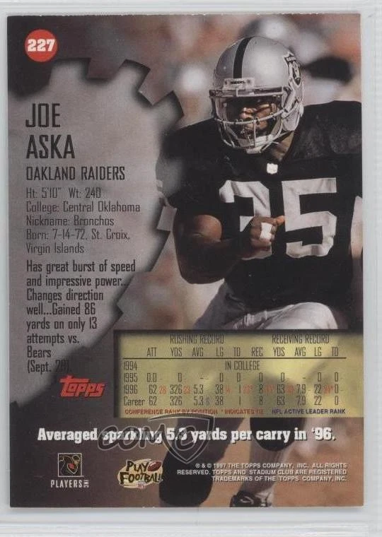 1997 Stadium Club First Day Issue Joe Aska #227 - Image 2 of 2