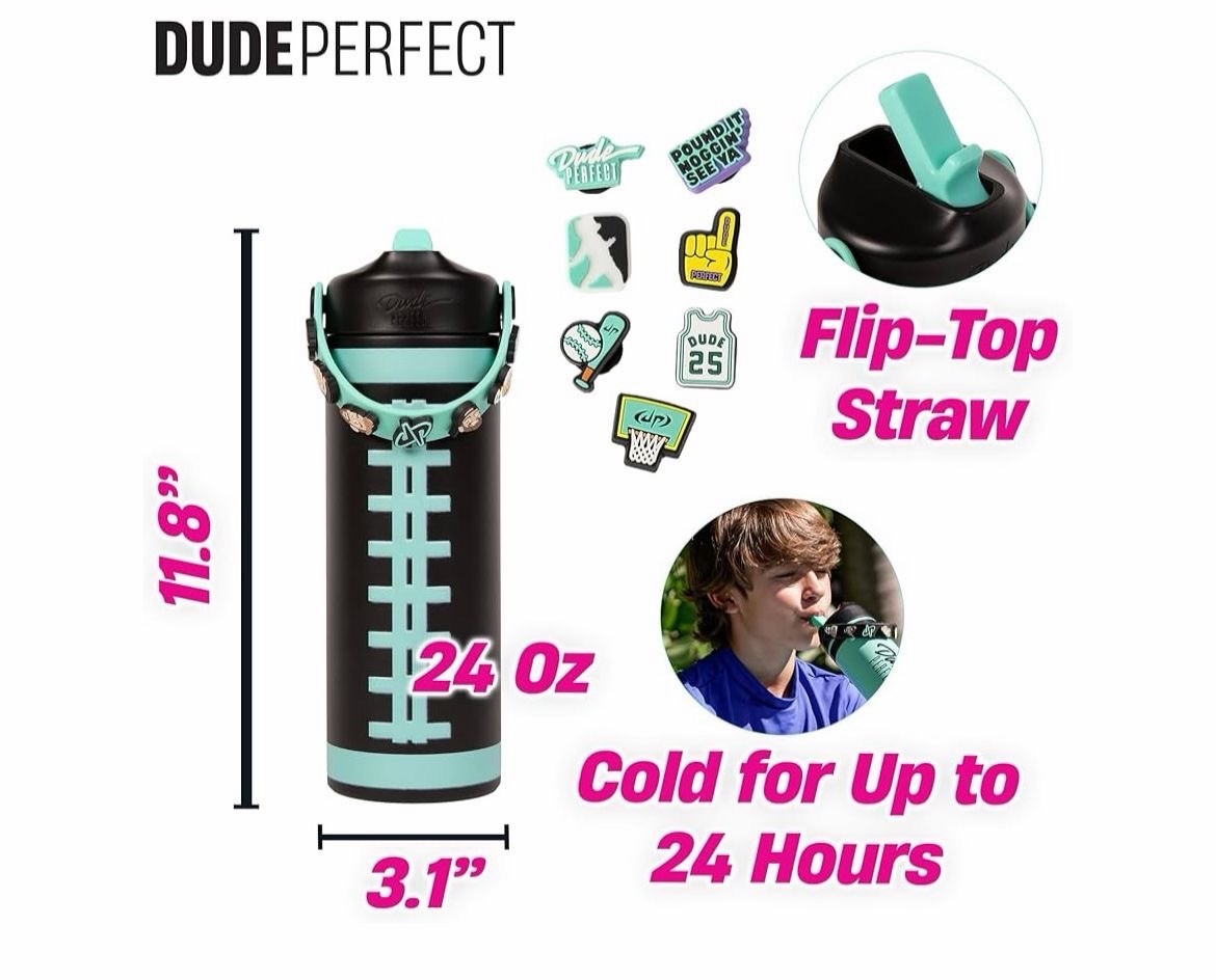 Dude Perfect 24 oz Double Wall Insulated Water Bottle Leak-Proof Lid Black Teal