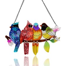 Stained Glass Window Hanging, Birds on A Branch Stain Glass Suncatcher, Hand-...