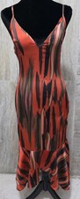PrettyLittleThing Orange Black Abstract Satin Slip V-Neck Midi Dress S