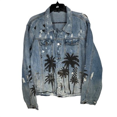 AMIRI Distressed Palm Tree Painted Denim Jacket Light Wash 4XL