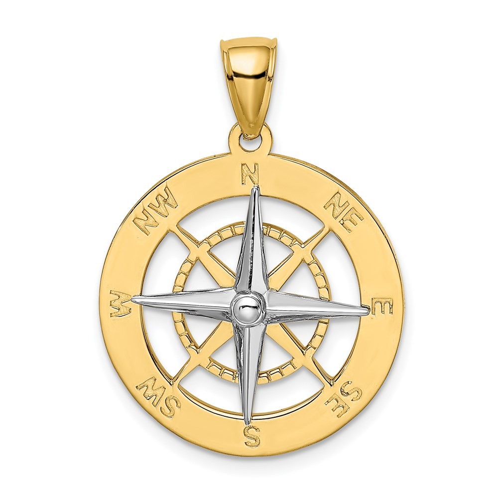 14k Two-tone Gold Nautical Compass with Needle Charm Pendant L-1.15 Inch 3.96gm