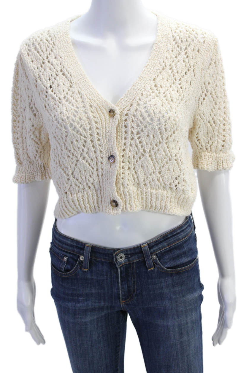 Zara Womens Button Front Short Sleeve Open Knit Cardigan Sweater White Size SmalFree Shipping in US $100+ Orders | $6.95 Orders Below