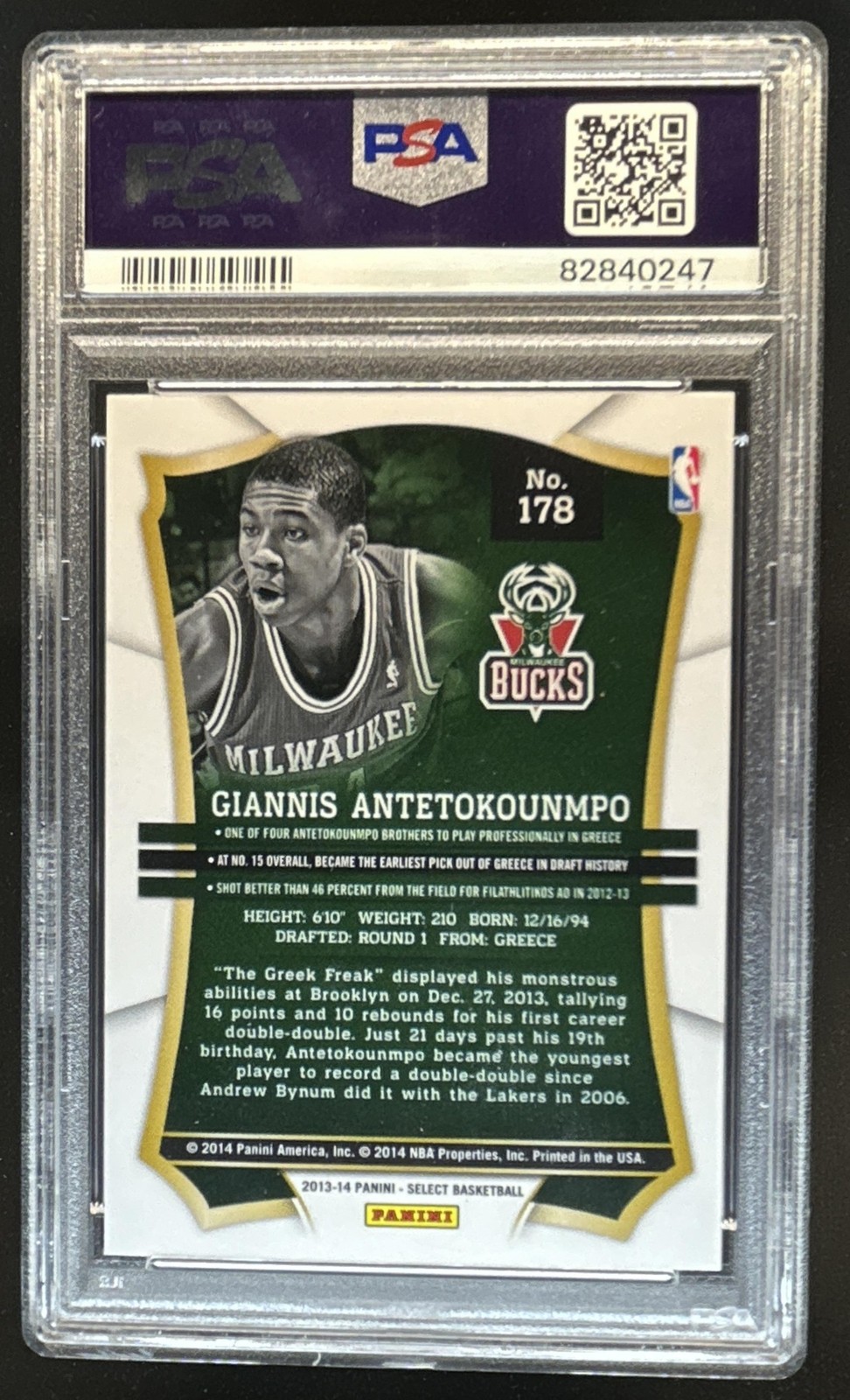 2013-14 Panini Select Giannis Antetokounmpo RC Rookie #178 Bucks PSA 10 GEM MINT view 2