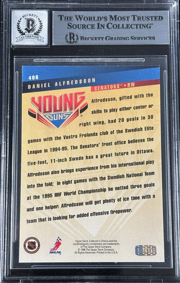Daniel Alfredsson Signed 1995-96 UD Young Guns RC #406 BAS Autograph Grade 10 - Image 2 of 2