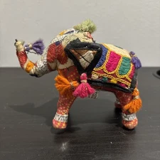 Vintage Anglo Raj Handmade INDIA Cotton Elephant Trunk Up Embroidery Boho Hippie