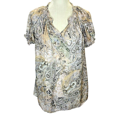 Philosophy Split V Paisley Blouse Womens L Beige Black Short Puff Sleeves