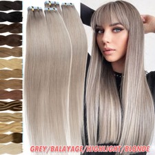 Tape in Hair Extensions Remy Human Hair 150G 60PCS Full Head Straight Grey Hair