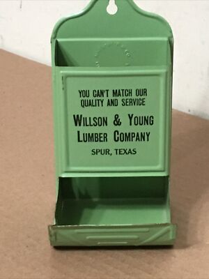 Vintage Tin Advertising Match Holder Willson & Young Lumber Spur Texas
