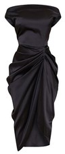 Prettylittlething Black Satin Off The Shoulder Draped Skirt MIDI Dress UK6 NEW