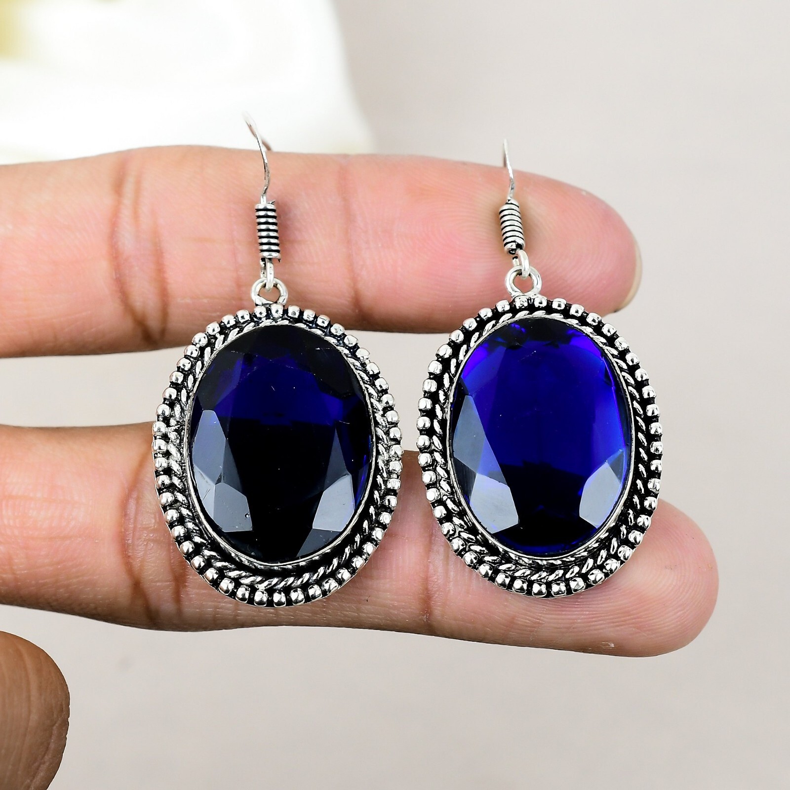 Blue Sapphire Gemstone 925 Sterling Silver Handmade Earrings Jewelry Women Gift