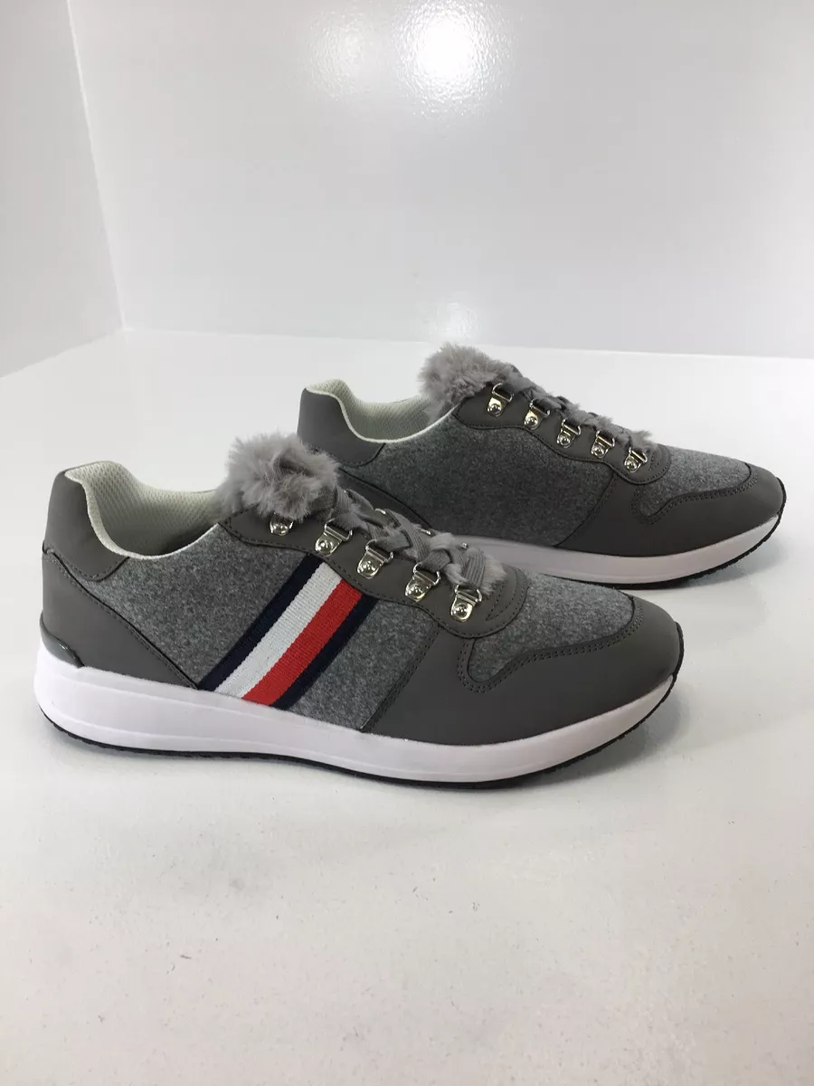 Tommy Hilfiger Womens Riplee Faux Fur Trim Sneakers Grey Size US 10M NEW