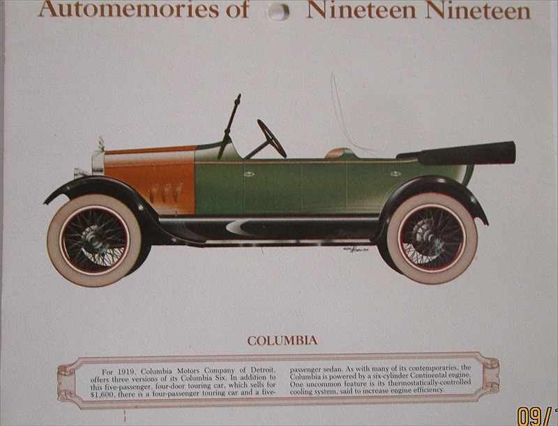 1919 Columbia Touring car calendar print (gold & green, no top)