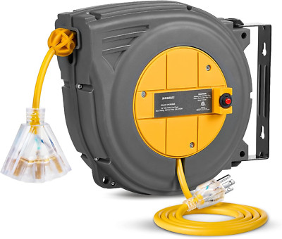 30FT Retractable Extension Cord Reel with 3 Outlets & 10A Breaker, ETL Listed