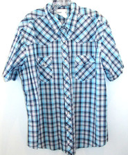 Wrangler Wrancher Shirt Mens XL Blue Plaid Pearl Snap Short Sleeve Western