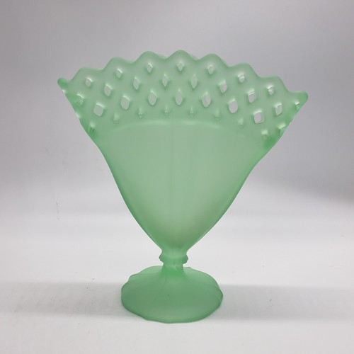 1920's Vintage Green Satin Open Lattice Fan Vase Uranium Glass Napkin