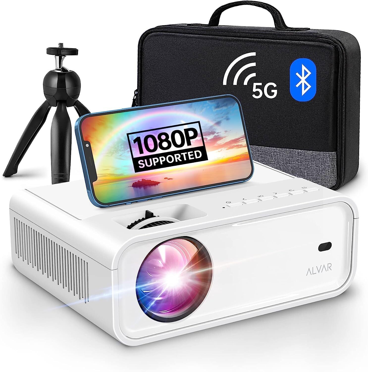 Mini Projector 15000 Lumens 1080P 5G WiFi Bluetooth Video Home Theater W/ Tripod-image