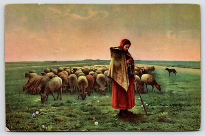 ART: Millet Painting Postcard~Die Schäferin Und Schafe~Shepherdess & Sheep c1910