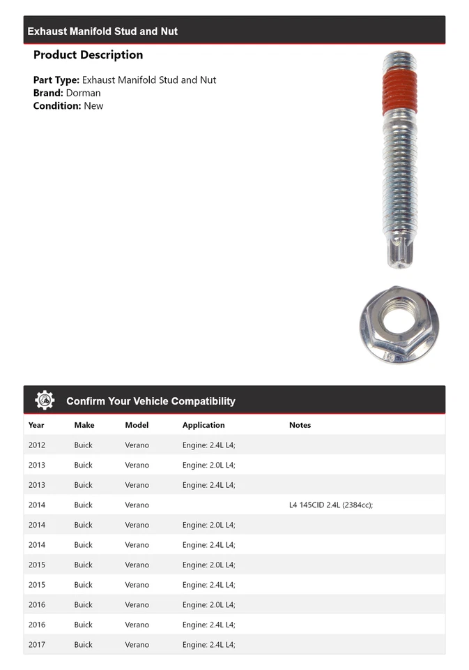 For 2012-2017 Buick Verano Dorman Exhaust Manifold Stud and Nut 2013 2014 2015 - Image 2 of 4