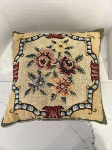 VINTAGE MADE IN FRANCE TAPESTRY THROW FLORAL PILLOW 16X16 EUC