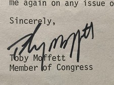 Off. Letter signed by Toby Moffett U.S. Congr...