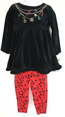 Flapdoodles outfit Black Velour two piece Christmas Red Pants 12 mo 18 mo Girls