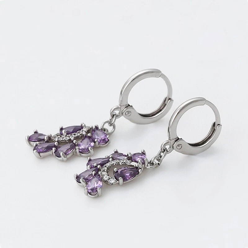 Pendientes colgantes de plata de ley 925 para mujer amatista natural 30 mm con cierre de palanca D53 Foto 3 de 4