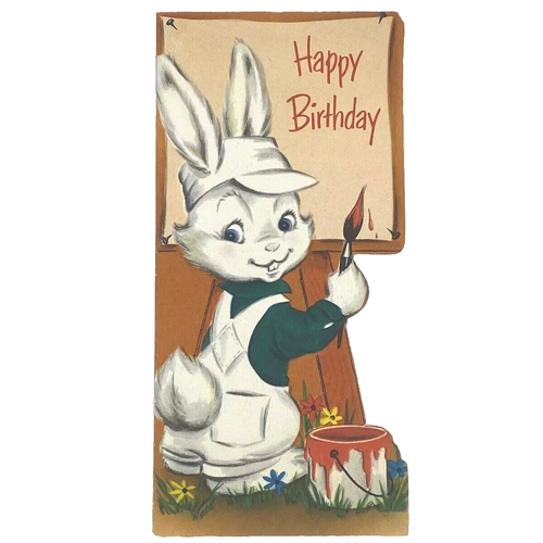 Vintage Grußkarte Hase Kaninchen Künstler Gemälde Happy Birthday 50er Jahre