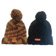 Handmade Crochet Beanie Hats Lot of 2 Pom Pom Black  Fall Multi One Size